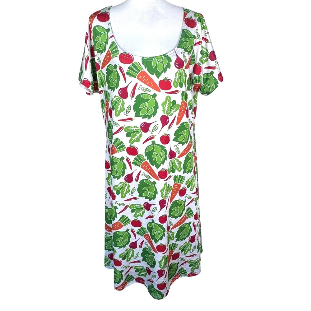 COWCOW Women's 3XL Vegetable Garden Print Short Sleeve A-Line Stretch Midi Dress